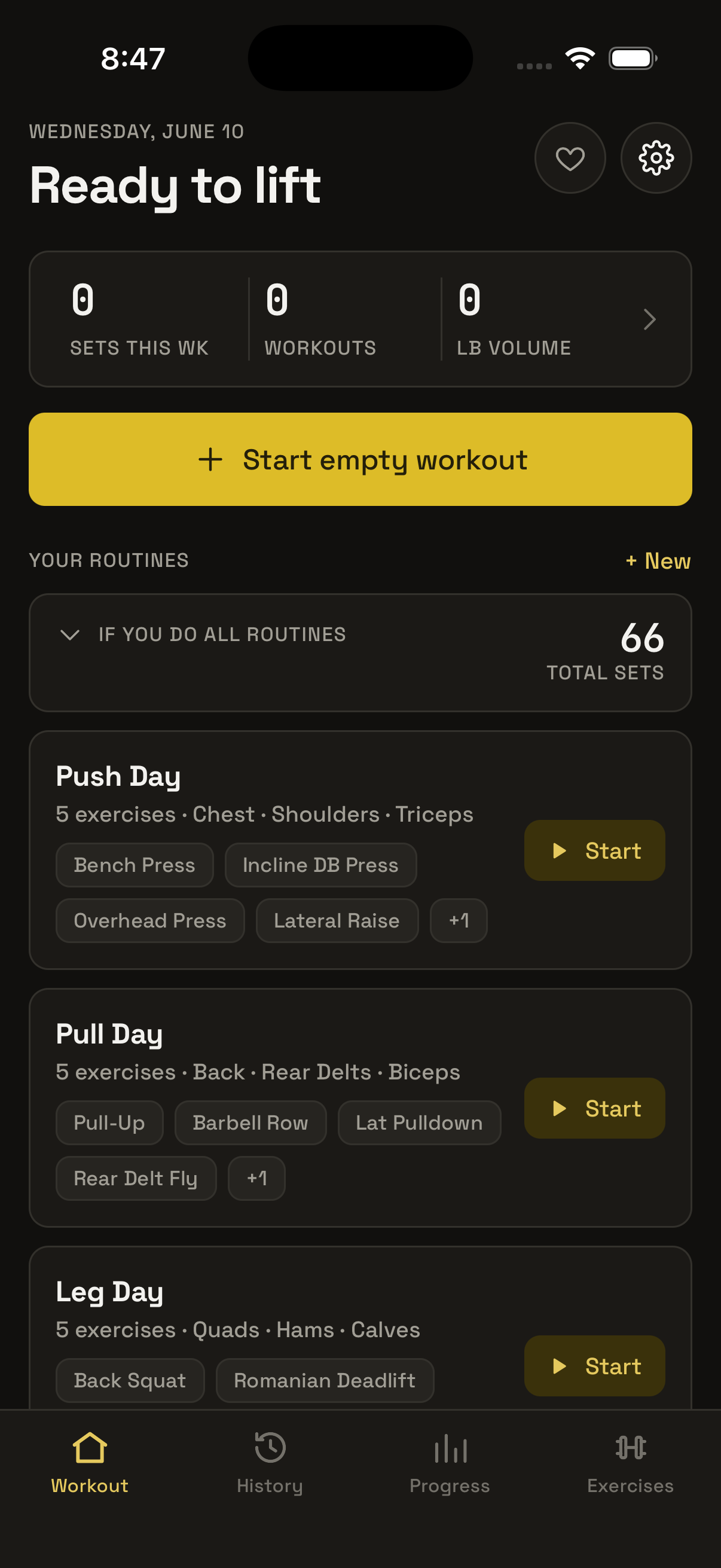 Repsmith home screen showing Push, Pull, and Leg day routines